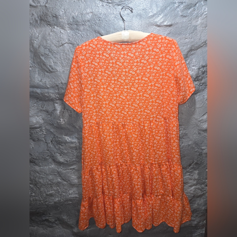 Ces Femme Orange Floral Babydoll Dress Tiered Button Front Side Pockets Size M - Picture 5 of 10